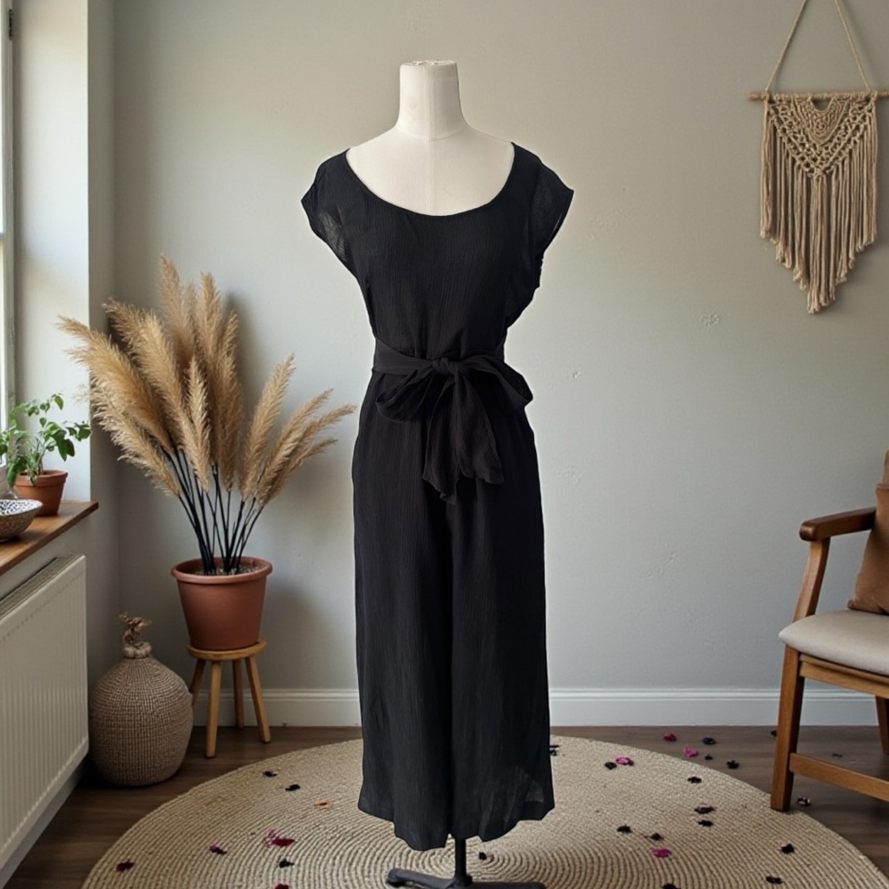 Anthropologie Womens Jumpsuit Size 2 Black Gauze Wide Leg Crop Pockets